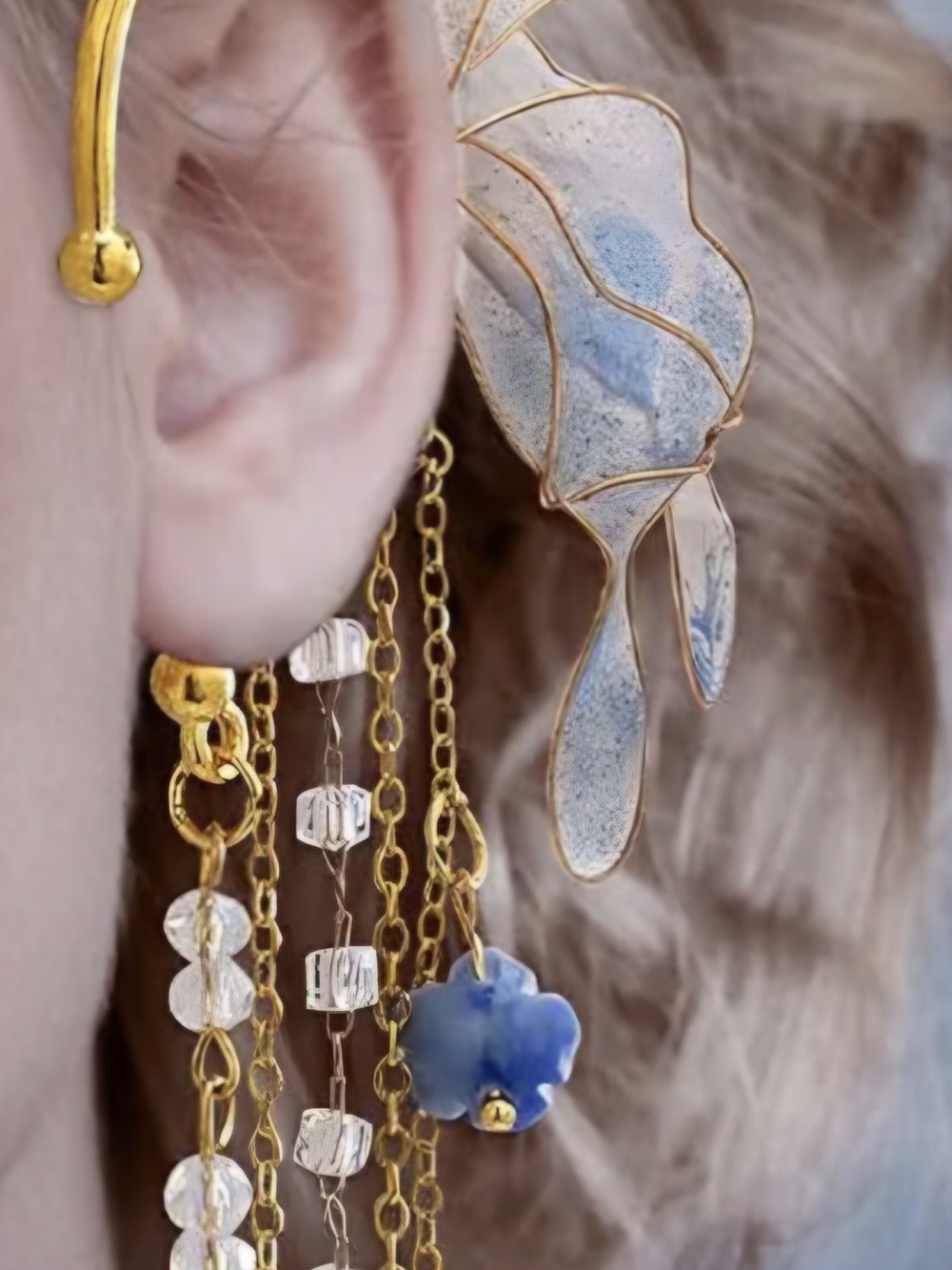 Gold Floral Drop Ear Cuff with Powder Blue Petal Accent